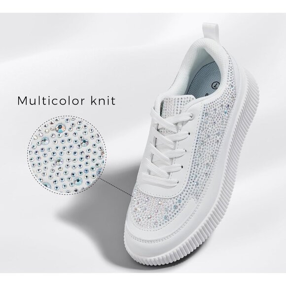 Lucky Step Women White Rhinestone Sparkly Chunky Retro Braided Casual Sneakers - Picture 2 of 9
